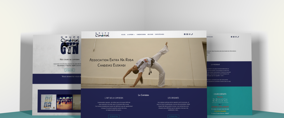 Ceci est le mockup ou mise en situation du site internet Capoeira Candeias Euskadi. C'est une association qui dispense des cours de capoeira au pays basque. Notamment sur le BAB (Bayonne, Anglet et Biarritz)