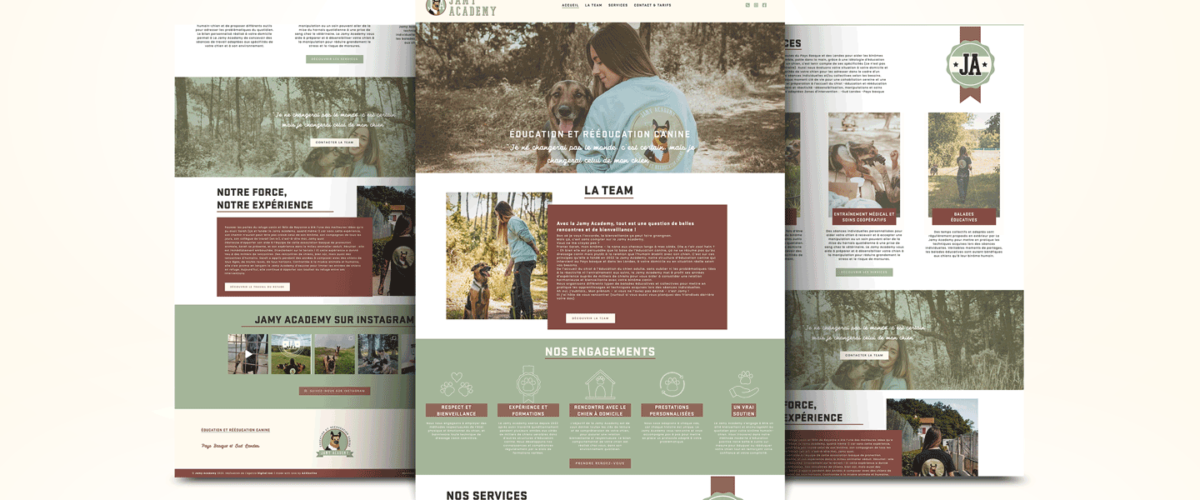 maquette de présentation de la page d'accueil du site web jamy-academy.fr Elle est composée de trois volets présentant des parties de la page d'accueil
